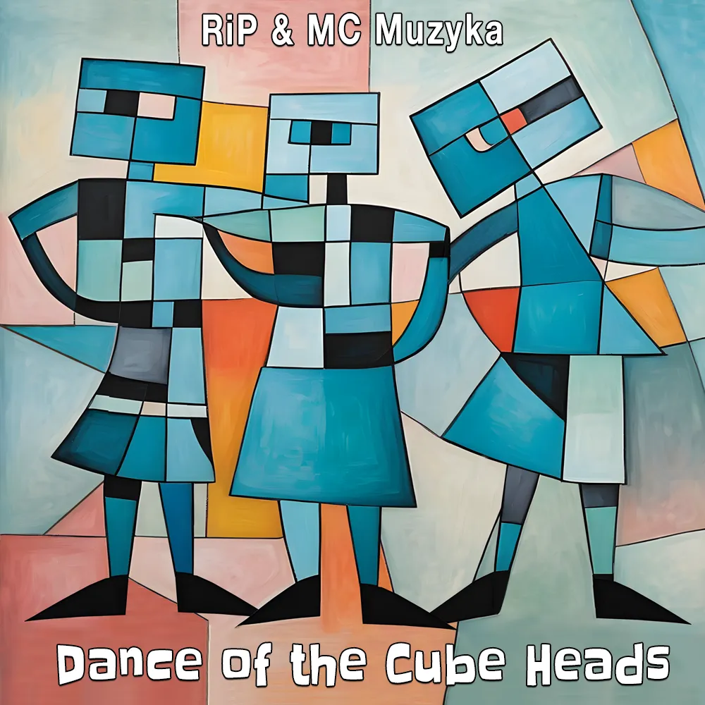 The cover design for the single 'Dance of the Cube Heads' depicting a cubist drawing of dancers who have square heads.