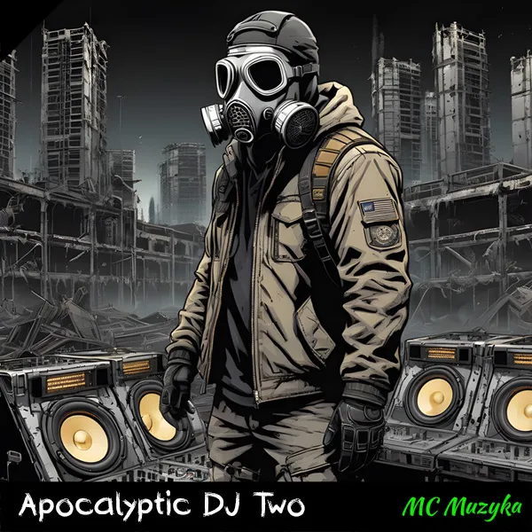 The cover design for the single 'Apocalyptic DJ Two' depicts a desolate landscape where a DJ stands over loudspeakers wearing a gas mask.