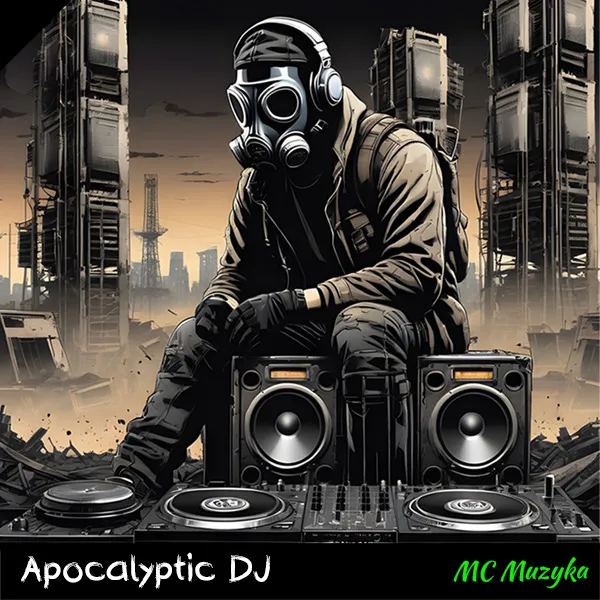 The cover design for the single 'Apocalyptic DJ' depicts a desolate landscape where a DJ sits in front of a Dj controller wearing a gas mask.